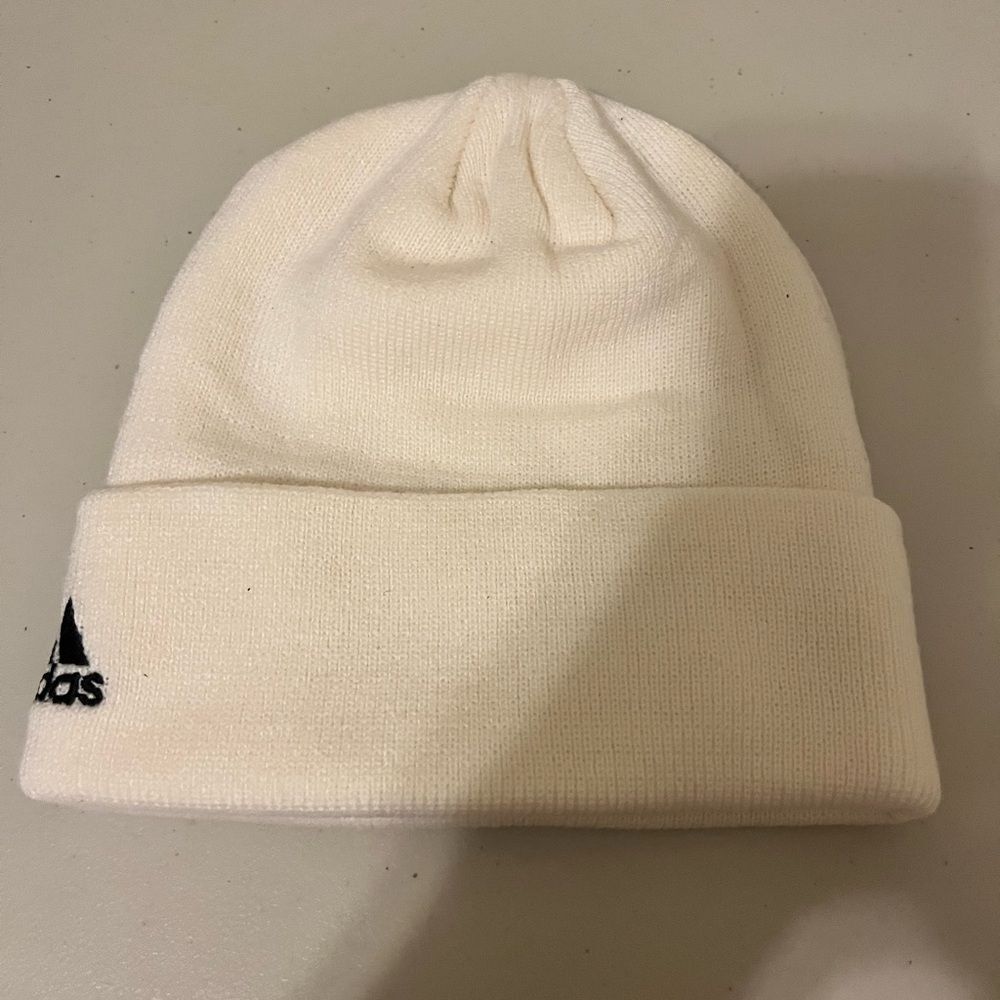 Adidas Three Stripe One Size Cream White Black Fold Knit
Hat Cap Beanie